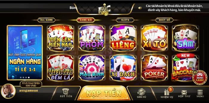 Gửi tiền/rút tiền tại cổng game RicWin